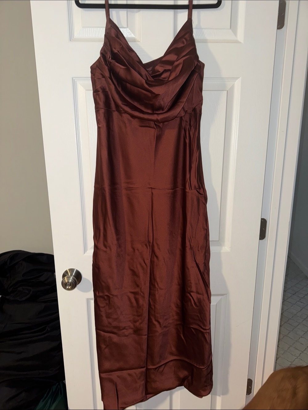 Revelry Satin Cowl Midi Dress in Deep Brown